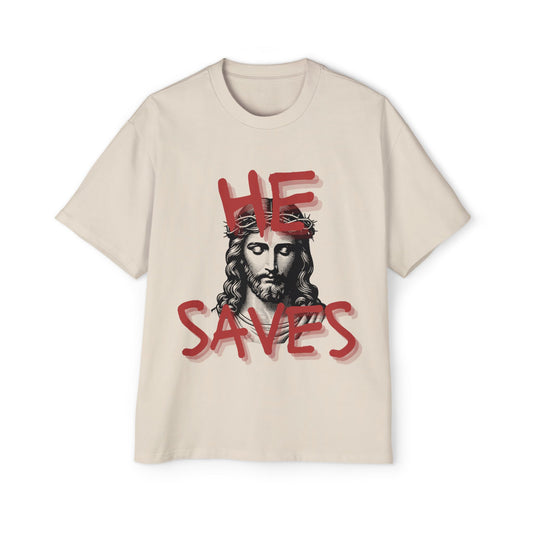 'He Saves' Heavy Oversized Tee - Christian Streetware